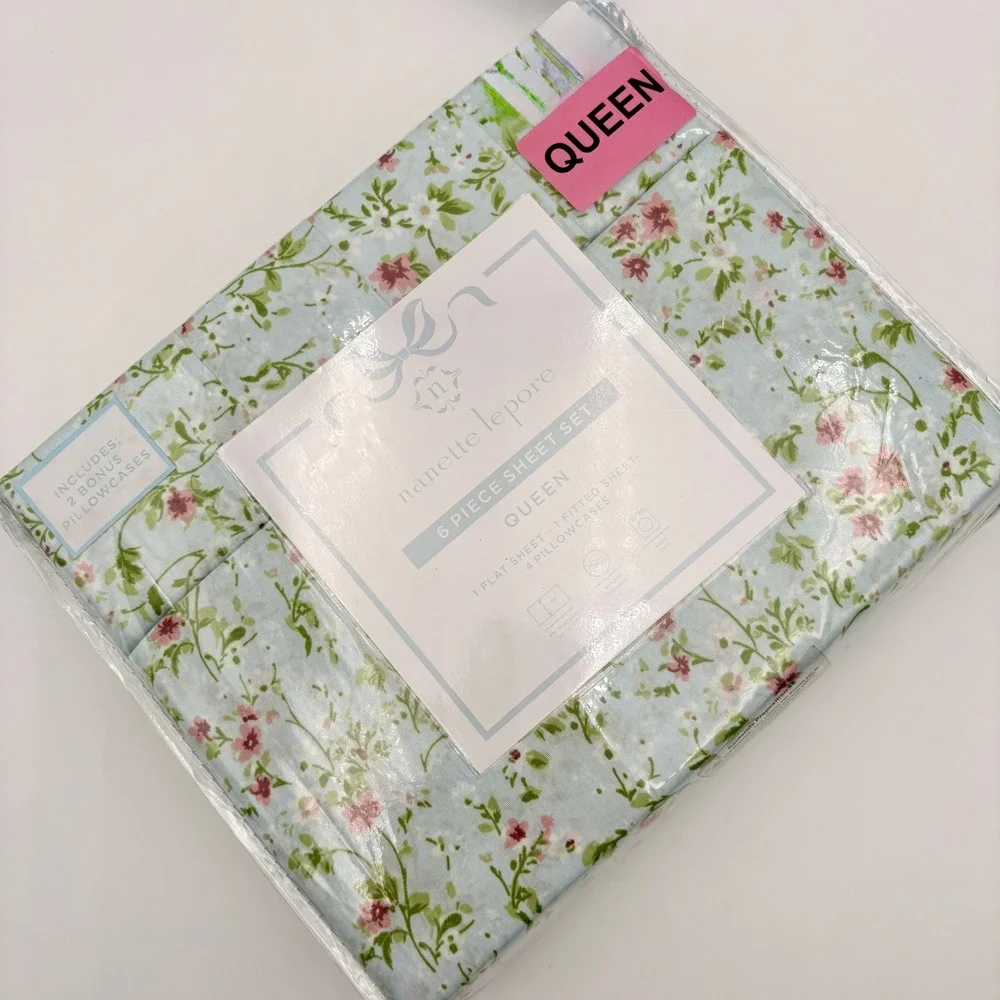 Nanette Lepore Queen 6 Piece Sheet Set Blue Floral Print‎ Coquette Rosettes